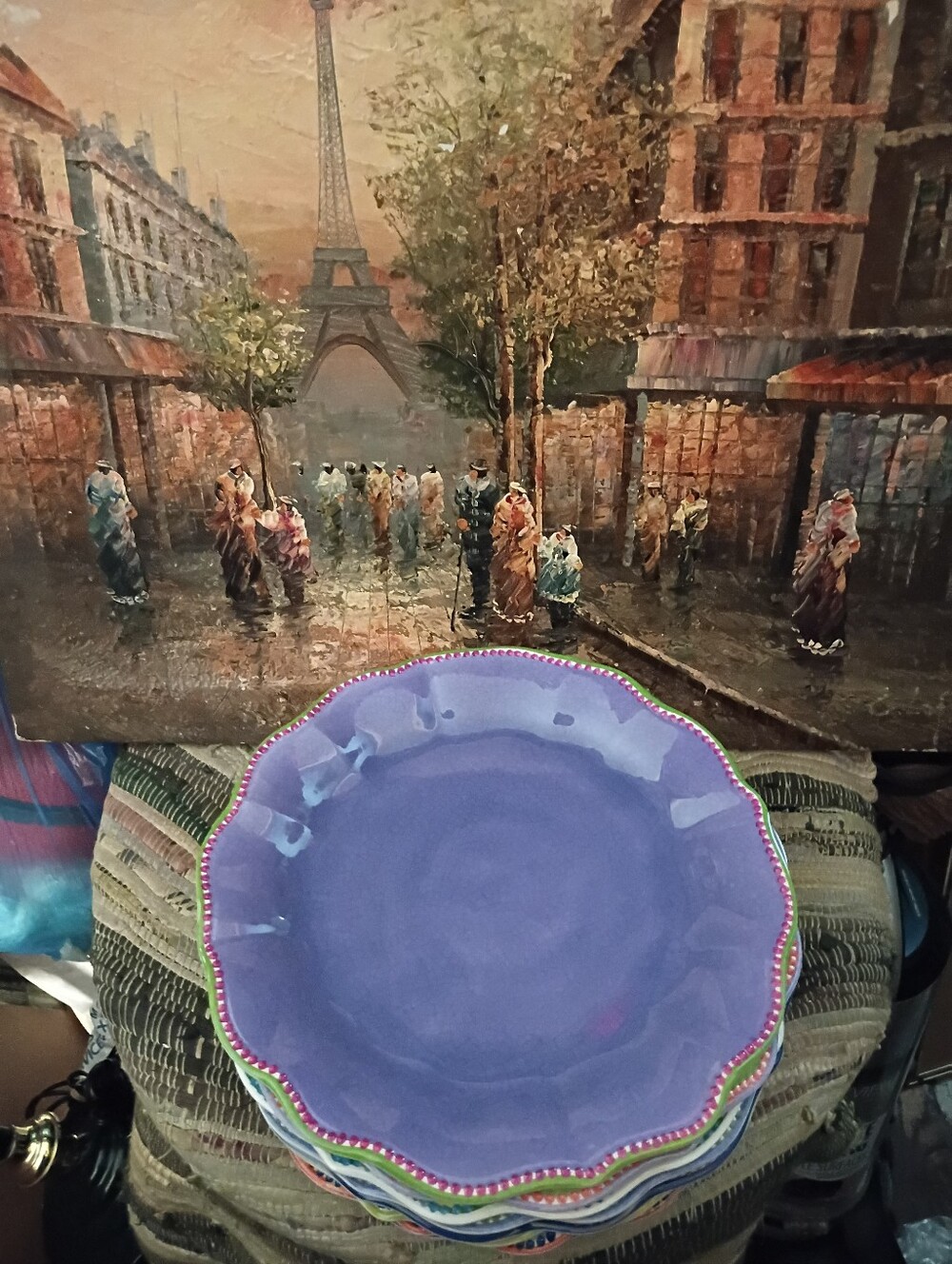Hand-Painted Scalloped Melamine Dinner Plates - Lavender with Multicolor Plates